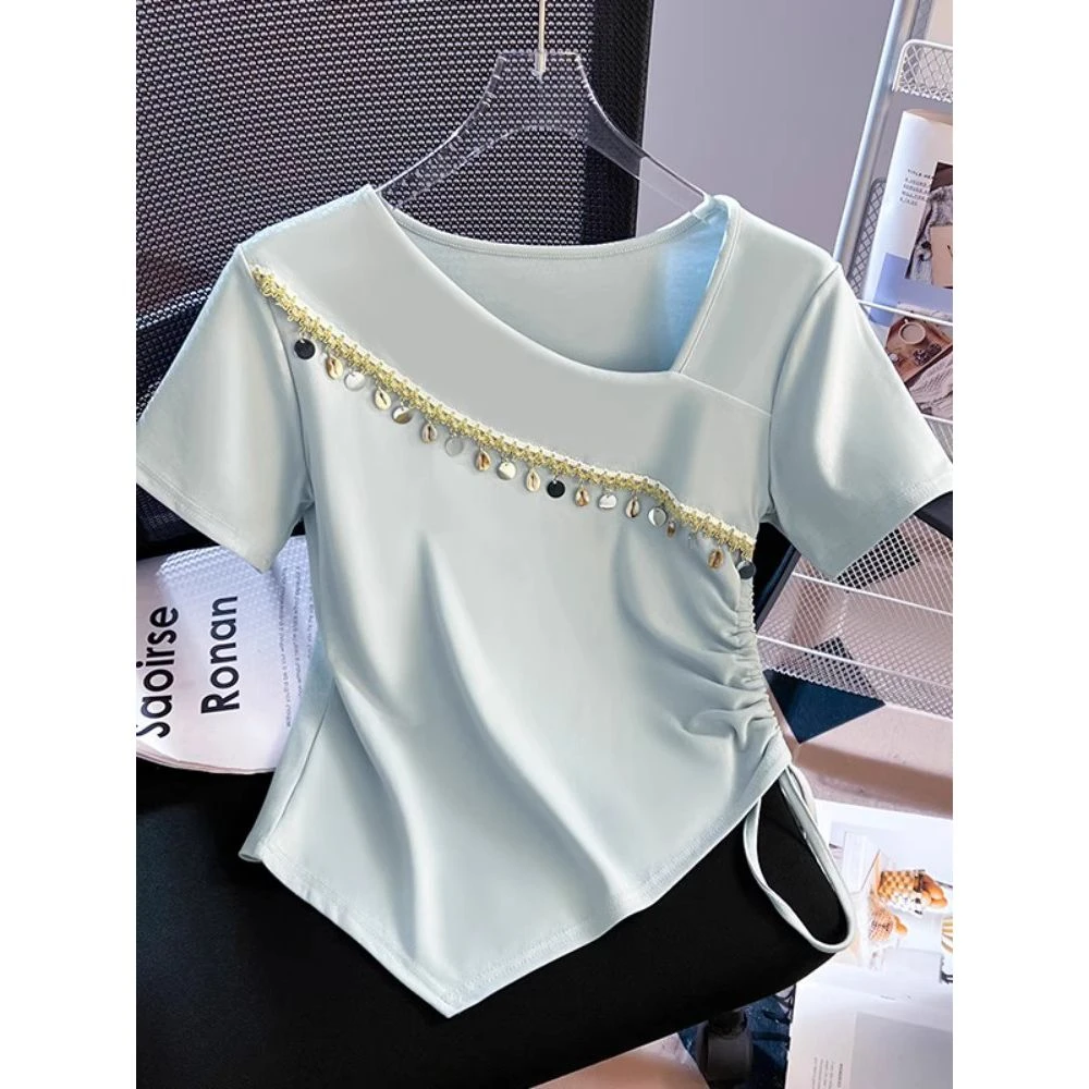 Bohemian Style Short Sleeve T-Shirt Women's Waist-Cinching Asymmetrical Hemline Summer New Fashion Casual Shirt