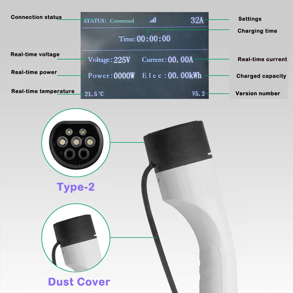 محطة شحن المركبات الكهربائية الجديدة الطاقة 5M 7KW 32A كابل شحن EV القياسي الأوروبي مع 2 جدول دعم بطاقة التمرير