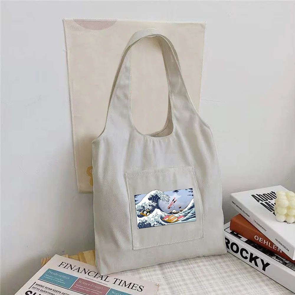 Shopping Bag Foldable Fashion Student Canvas Shoulder Bag Wave Printed Ladies Shopper Bag Travel Tote Work Handbag Organizer