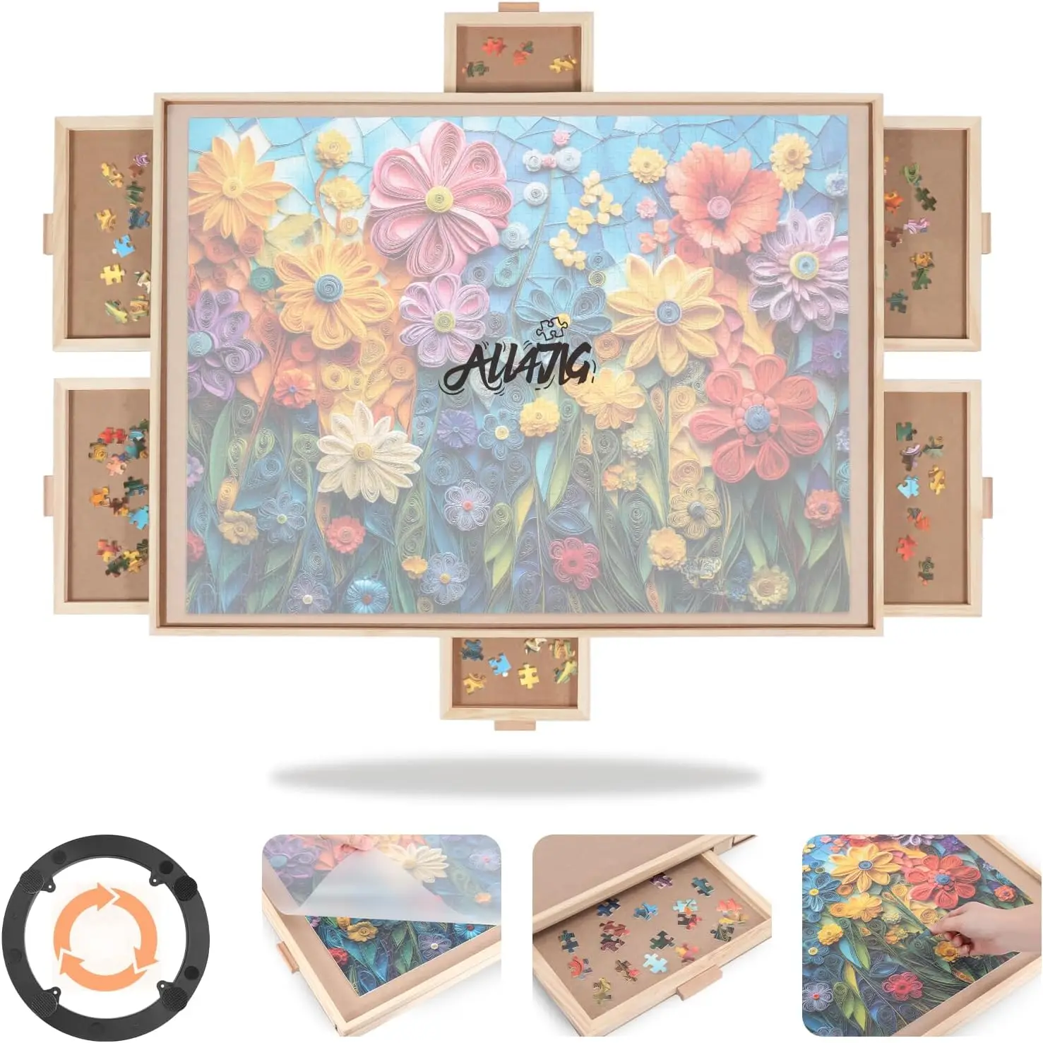

1500-Piece Rotating Puzzle Board with 6 Drawers and Cover, 28.50“ X 40.16” Portable Wooden Jigsaw Puzzle Table for Adults