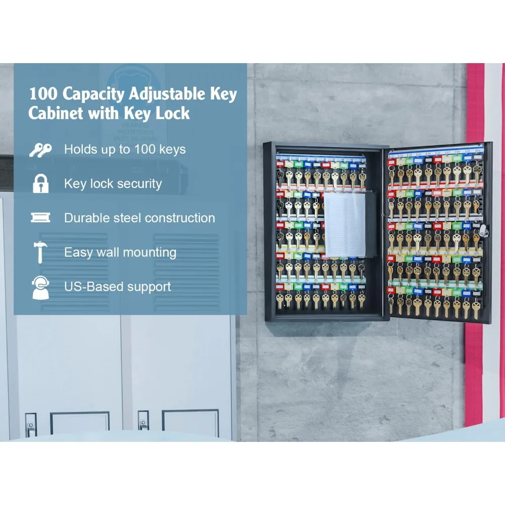 خزانة تخزين مفاتيح فولاذية مكونة من 100 فتحة مع خطافات قابلة للتعديل وسجل المفاتيح وعلامات الألوان ومخطط الفهرس