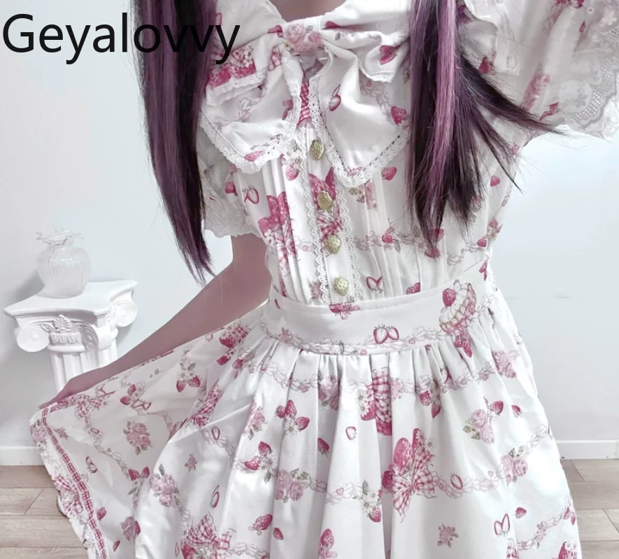 

Japanese Doll Collar Bow Print Short-sleeved Dress Summer Sweet Cute Girls Mass-produced High-waisted Slim-fit Dresses
