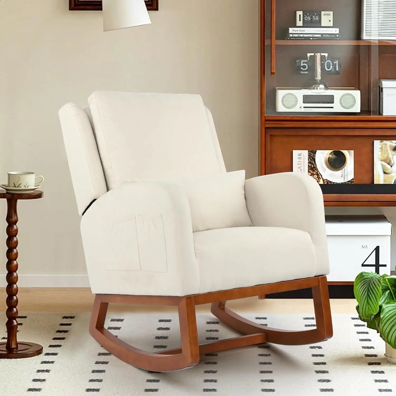 DAGONHIL Glider Chair Nursery Rocking Chair, High Back Armchair with Side Pocket, Upholstered Accent Chair with Rubber Wood Legs