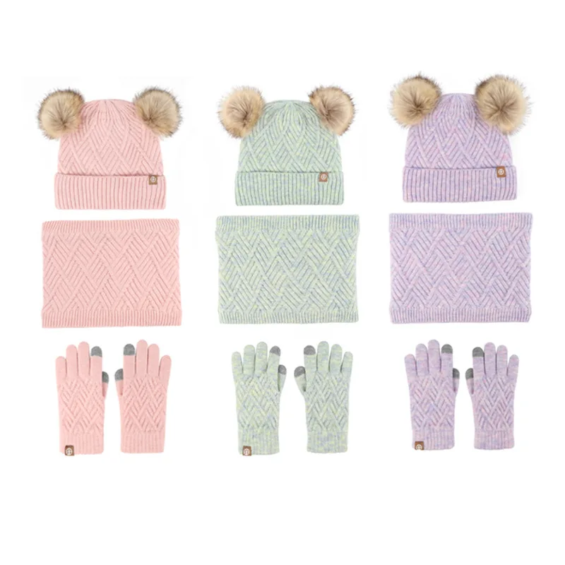 أطفال قبعة الأطفال شتاء دافئ يندبروف مبطن قبعات متماسكة وشاح قفازات ثلاث قطع مجموعة مبطن كرة صوف قبعة ثلاث قطع مجموعة W229