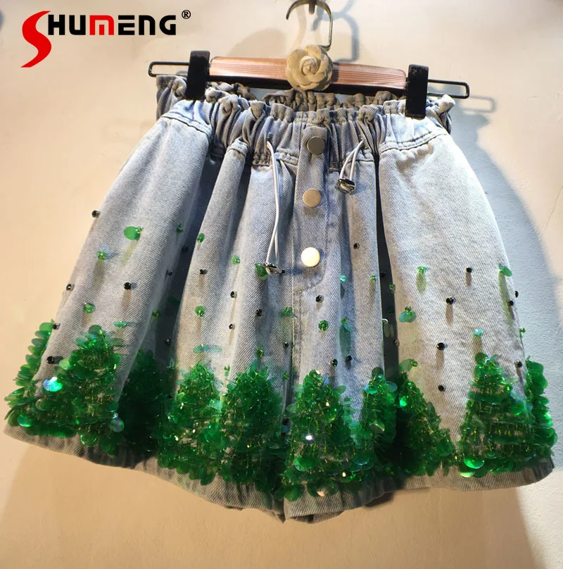 

Green Sequins Denim Shorts Womans 2023 Summer New Heavy Industry Beads High Waist Slimming Wide-Leg Jean Hot Pants Elastic Waist