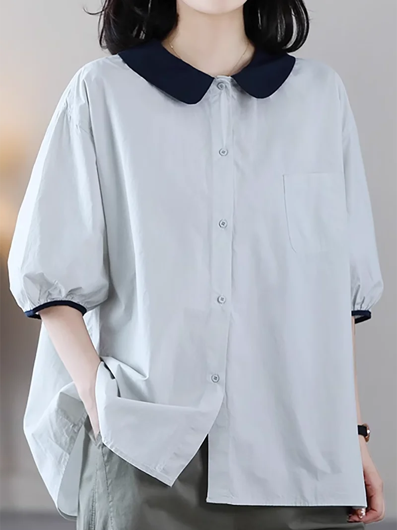 Camisa solta estilo coreano para as mulheres, blusa casual com meia manga, manga meia-longa, single-breasted, estilo de escritório, verão