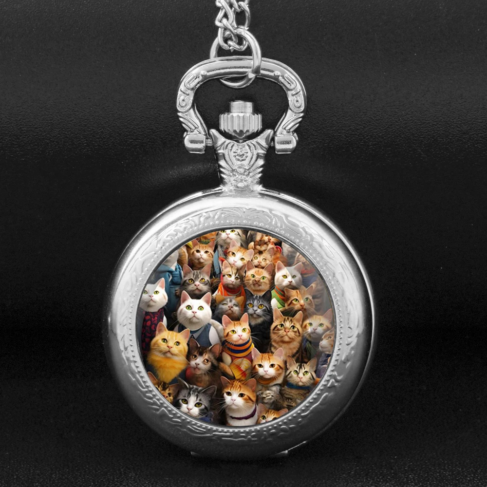 Leuke Katten Vintage Quartz Zakhorloge Vrouwen Mannen Glazen Koepel Ketting Unieke Hanger Zilveren Klok Horloge Kids Gift Accessoires