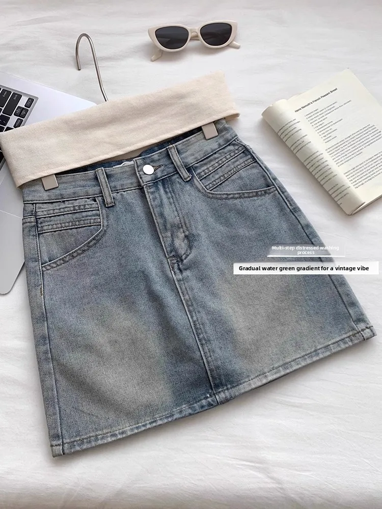 

High Waist A-Line Skirt Women's Summer Vintage Personality Denim Short Skirt Korean Style Button Embellished plus Size
