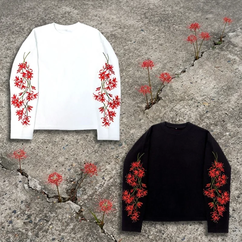 Y2K Vintage Harajuku RedSpider Lily besticktes Langarm-T-Shirt Streetwear für Männer und Frauen, lässiges Retro-Langarm-T-Shirt, Sweatshirt