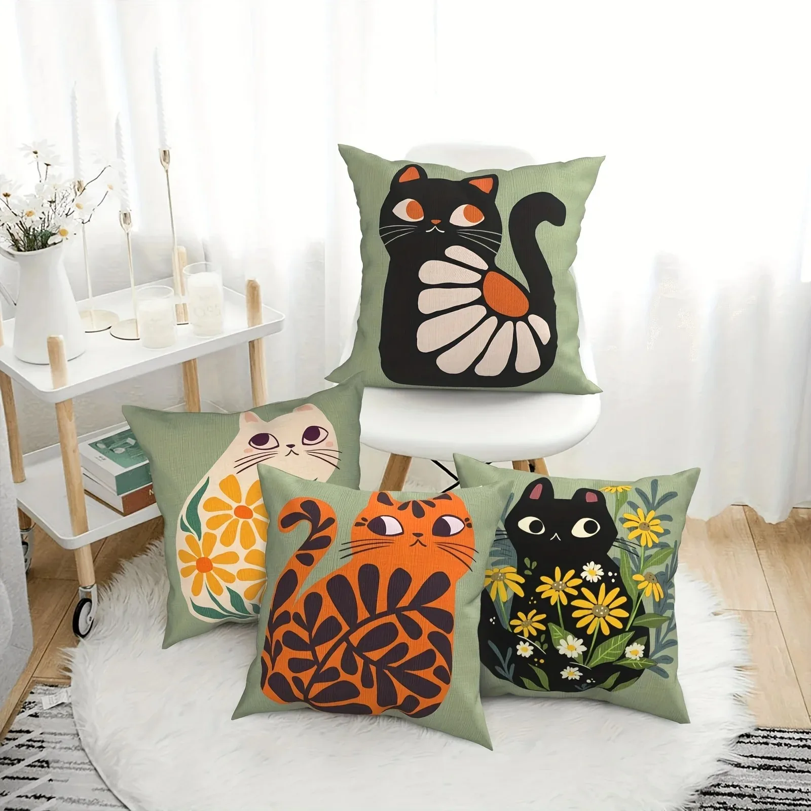 Home Decor Cute Cats With Floral Patterns Pillow Covers Pattern Cushion Cover Suitable For Sofa Bedroom Car Pillow Cover