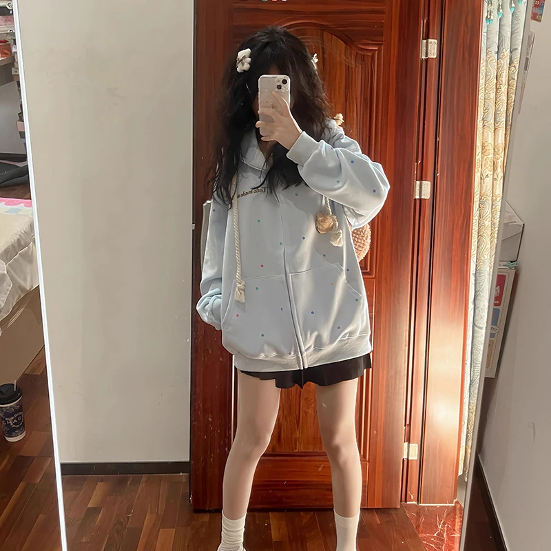 Cute bear embroidered polka-dot hooded cardigan sweater women loose light blue lazy zipper coat in autumn and winter. hoodies