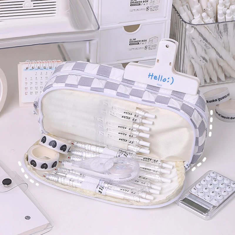 Large Capacity Checked Pattern Pencil Case Simple Multifunctional Pen Storage Bag Fashion Cute Pencil Box School Supplies
