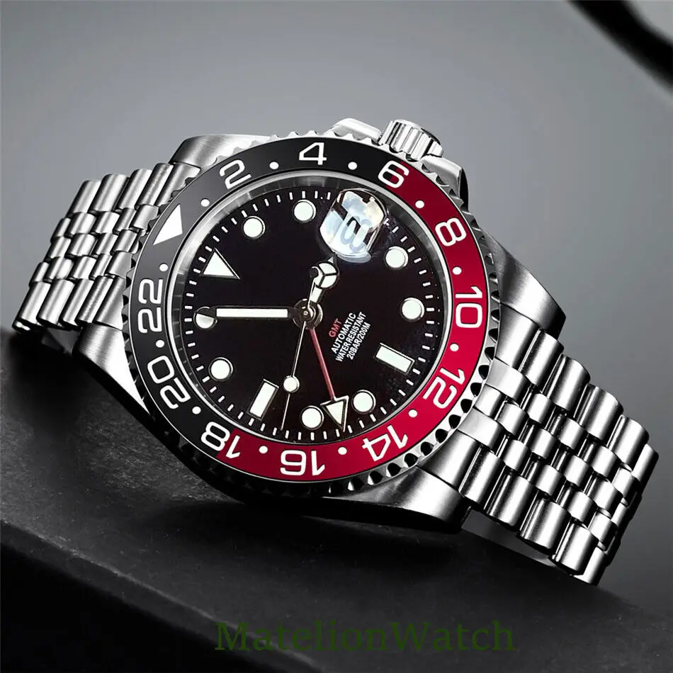 40mm NH34 GMT Automatic Watch For Men Black Dial Sapphire Crystal Jubilee Strap