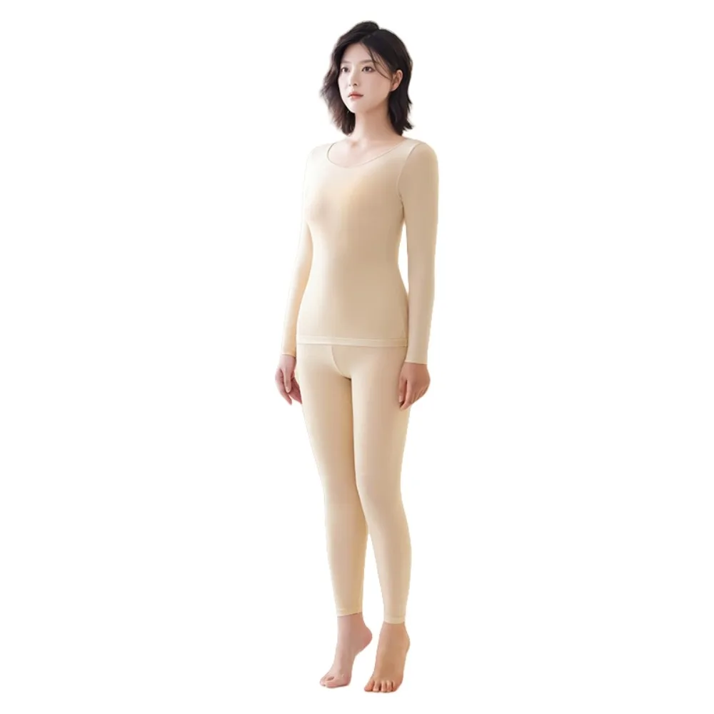 

Ultra Thin Women Thermal Clothes Tops and Pants Set Round Neck Thermal Underwear Feel Heating Invisible Warmth Long Pants Lady