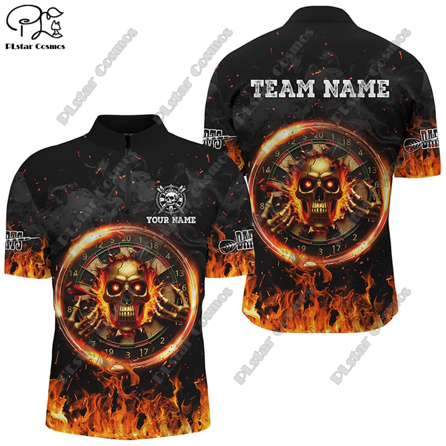 New Custom 3D Printed Flame Pattern Darts Stand Collar Zipper POLO Shirt Universal Casual Team Throwing Sports Unisex Tops D-14