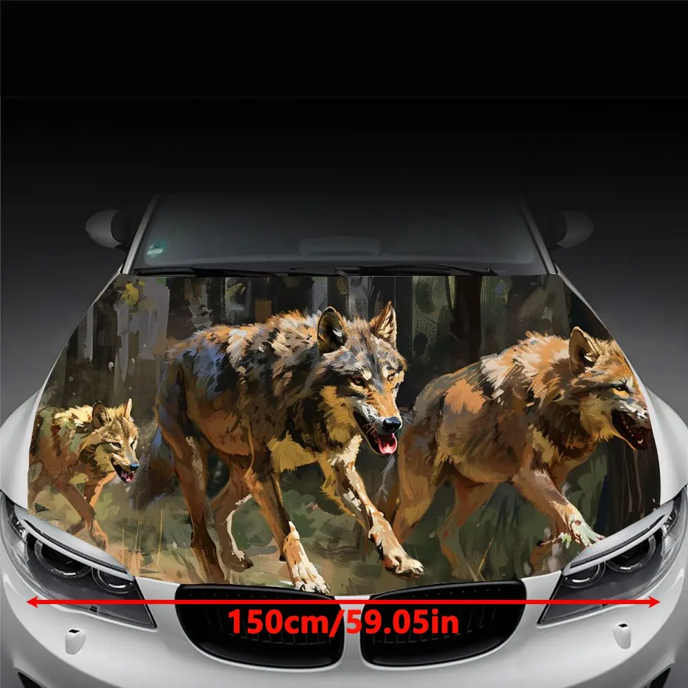 Wolf Family Running in The Primitive Forest Car Hood Wrap Color Vinyl Sticker Truck Graphic Bonnet Auto Accessories Decor Decal