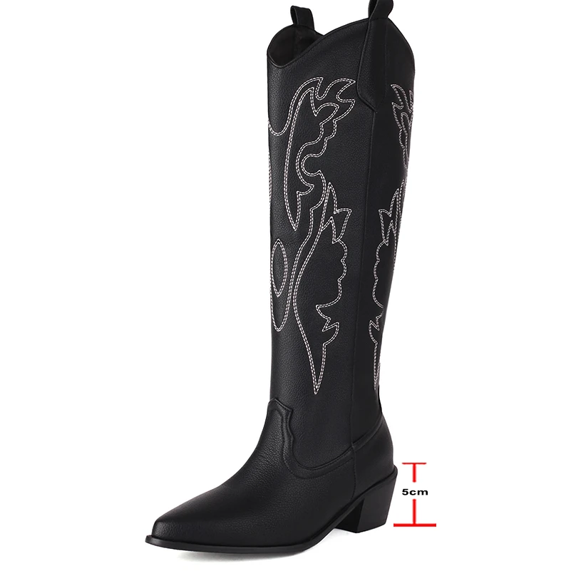 ANNYMOLI Women Knee High Cowboy Gogo Boot Pointed Toe Thick Mid Heel Embroider Western Cowgirl Boot Lady Fashion Winter Shoes 43