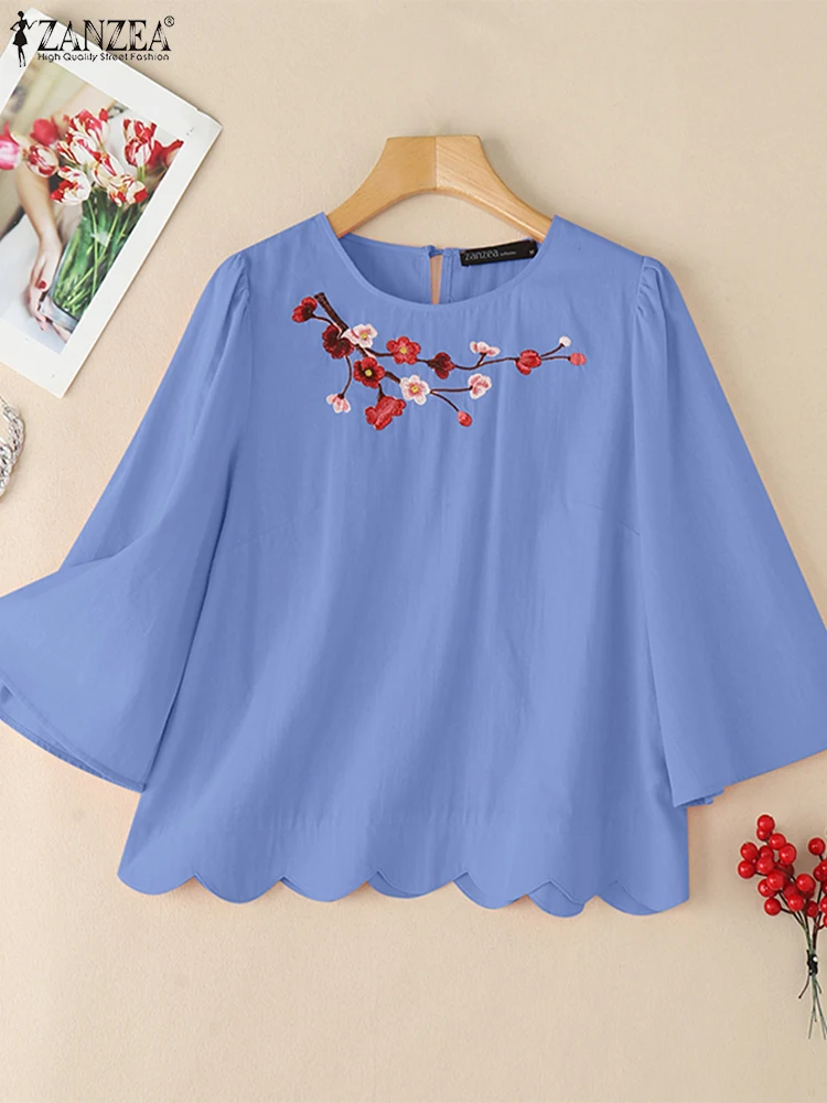 2025 Women Summer Embroidery Floral Blouses ZANZEA Casual Shirts O Neck 3/4 Sleeve Blusas Female Work OL Tops Oversize Chemise