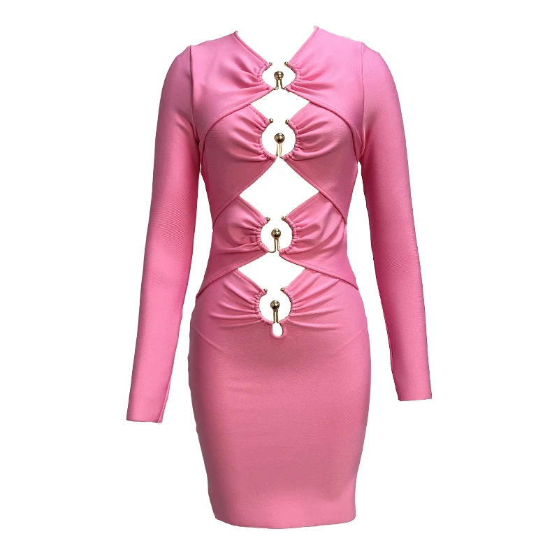 Pink Color Women Long Sleeve Sexy Keyholes Bodycon Mini Dress Rayon Bandage Fashion Nightclub Party Celebrate Dress