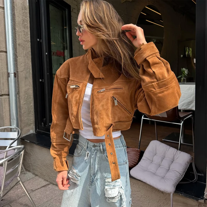 Damen Elastische Wildlederjacke mit Kordelzug in Braun, Modische Jacke mit Langen Ärmeln und Stehkragen, Locker Geschnittener Mantel für Frühling, Alltag und Streetwear 2026 – Detail 20