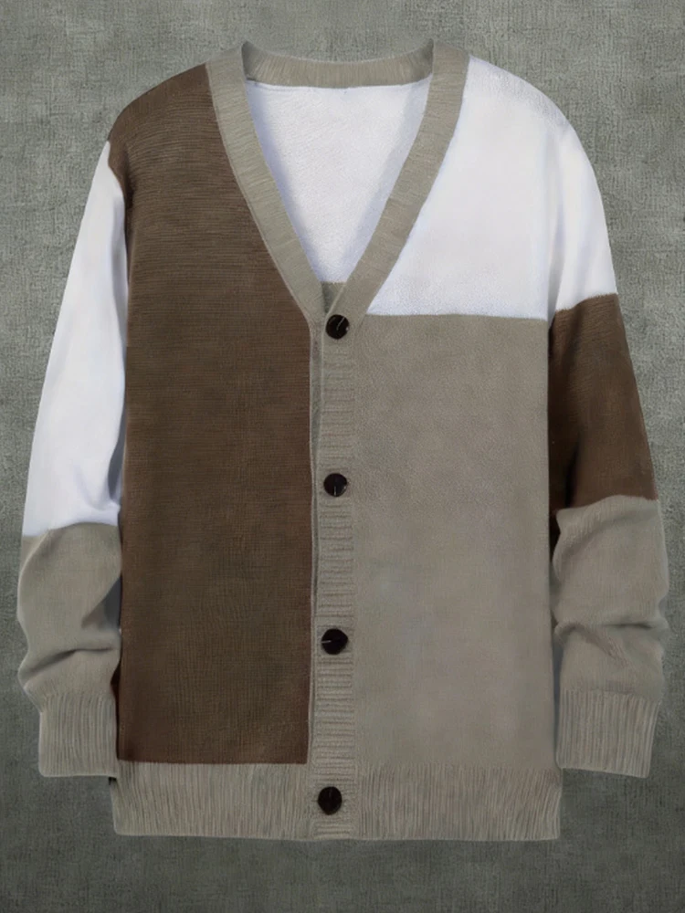 Daily Casual Loose Knitted Coats Mens Autumn Contrast Color V Neck Long Sleeve Shirt Tops Vintage Breathable Knitting Cardigan