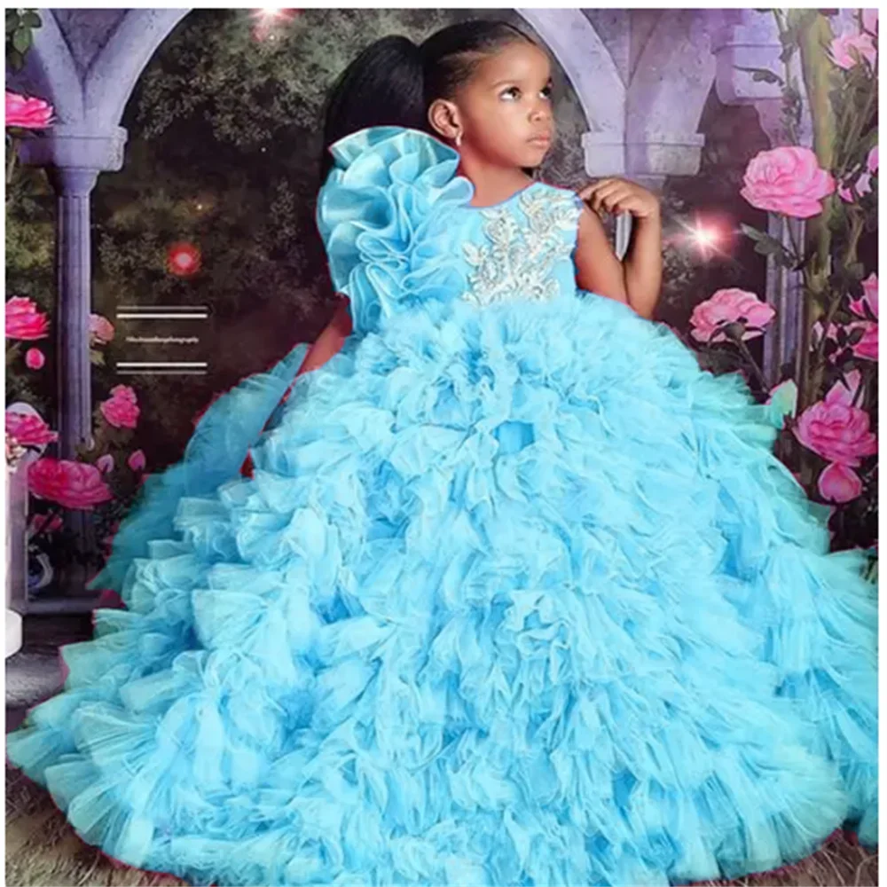 Customized Luxury Flower Girl Dresses for Wedding Ruffles Sequins Floor Length Tiered Girl Birthday Party First Communion Gowns