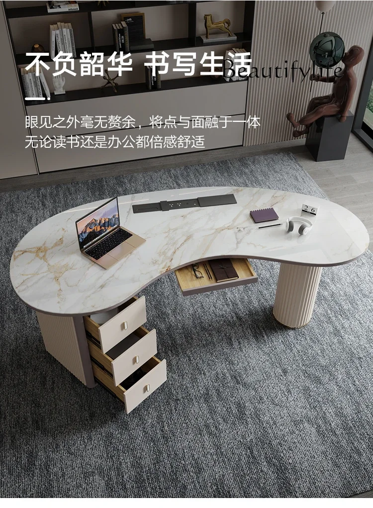 Modern Light Luxury Minimalist Designer Stone Plate Study Table Home Arc Shaped Office Computer Desk