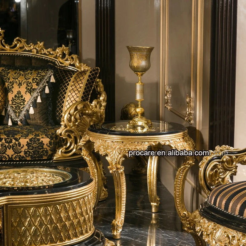 Luxury Antique Traditional Black Gold African Classical Baroque Royal Hand Carved coffee table Living Room Furniture Set