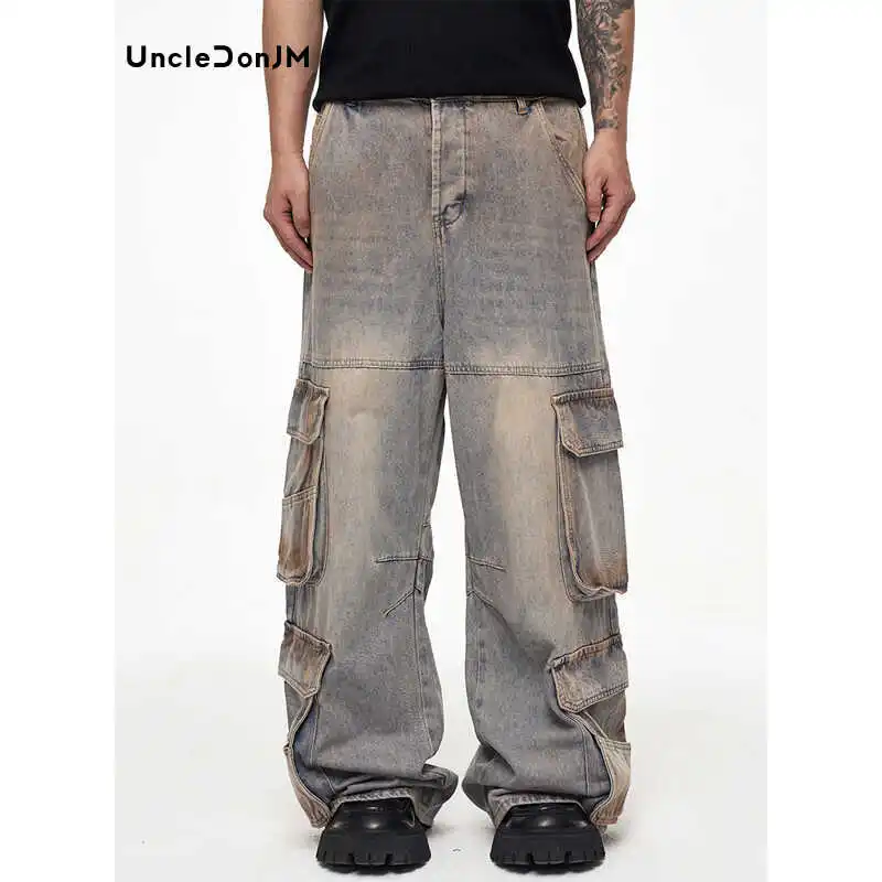 

Yellow Mud Dyed Washed Old Multi-pocket Jeans Streetwear Distressed Baggy Jeans