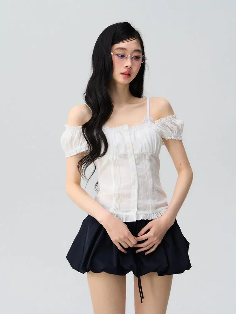 

OIOI E Women's Sweet Sle Faux Two-Piece Overlap oulder Bubble Sve Blouse Summer Design Sense Dstring Ruffle Top