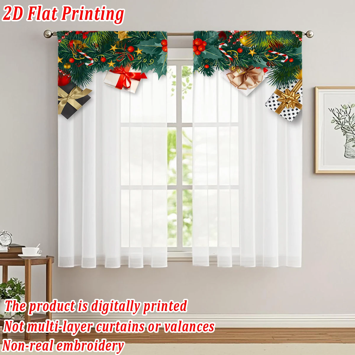 Christmas Flat Printing Kitchen Sheer Curtain with Merry Christmas Gift Box Pine Branch Ornament For Christmas Home Decor  Party