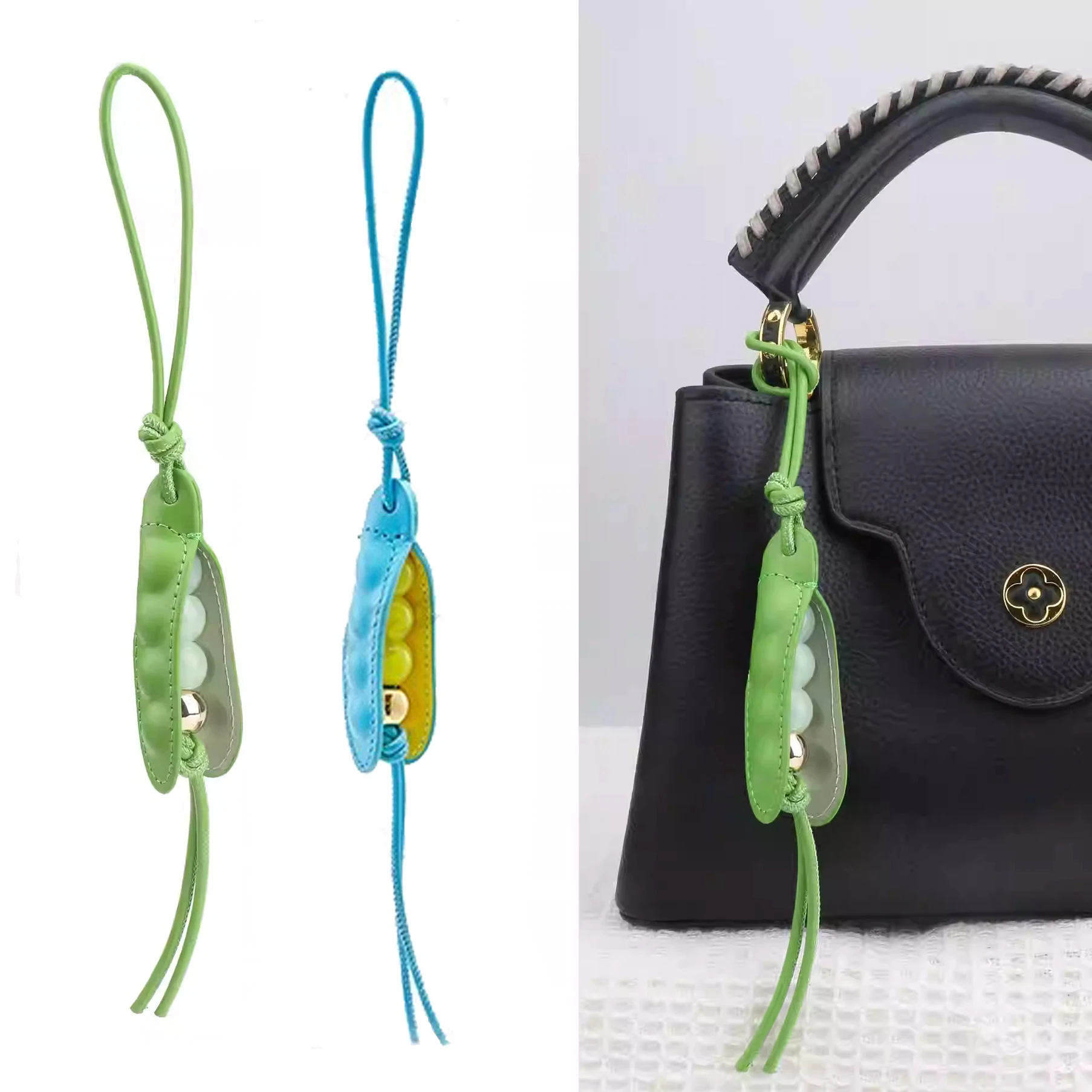 

High-End Pea Pendant Handmade Green Pea Keychain Leather All-match Style Pea Bag Charm Trendy Accessories