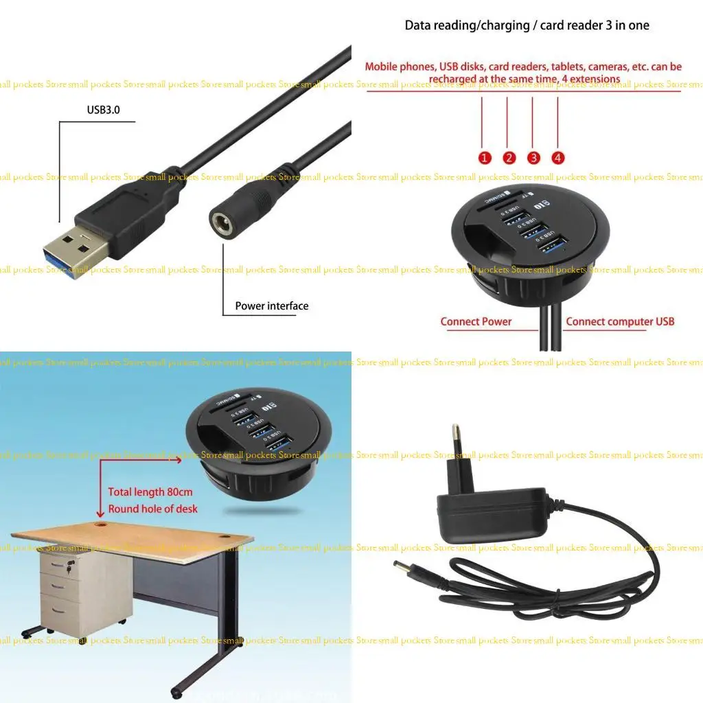 

R1WD In-Desk Mounting Power Socket USB 2.5Inch Grommet Hole USB Splitter with for MMC TF Slot Invisible