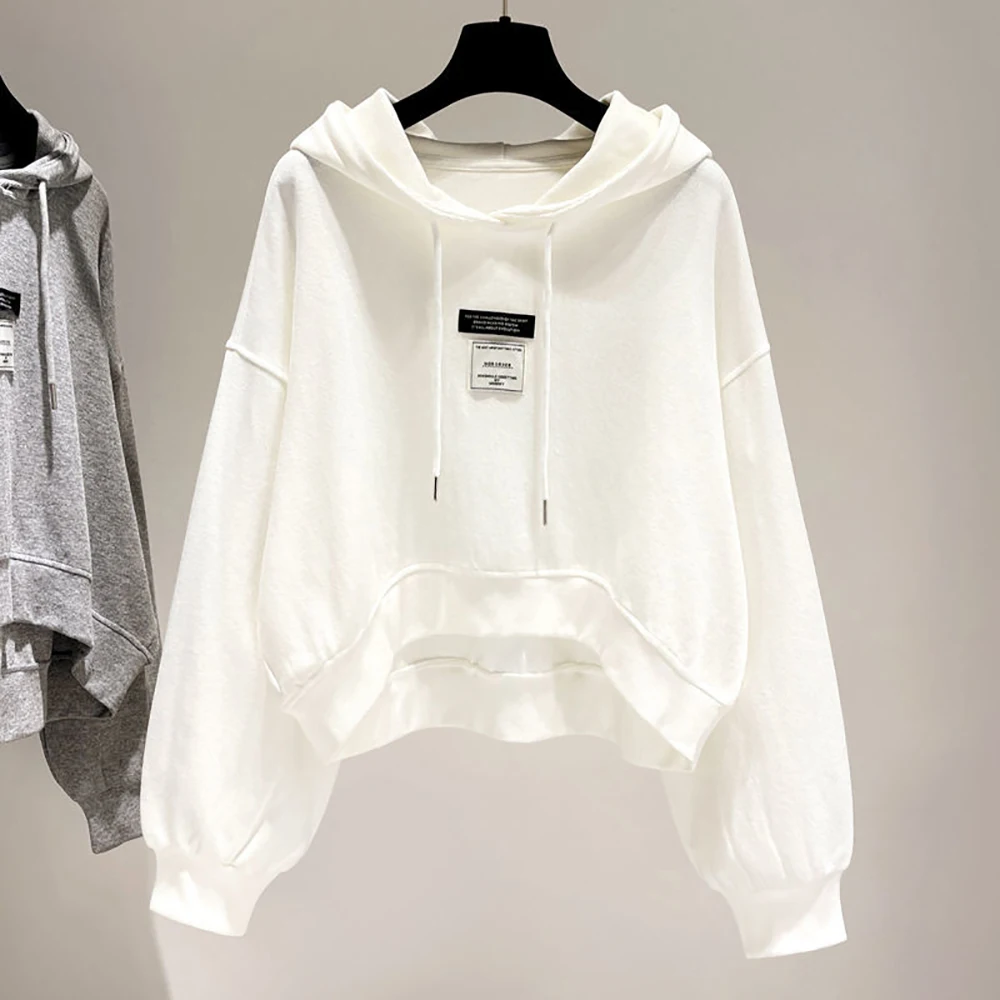 Women Casual Short Hooded Pullovers Spring Autumn Thin Drawstring Drop Sleeve Hoodies Loose All-Match Sweatshirts Top for 18-24Y