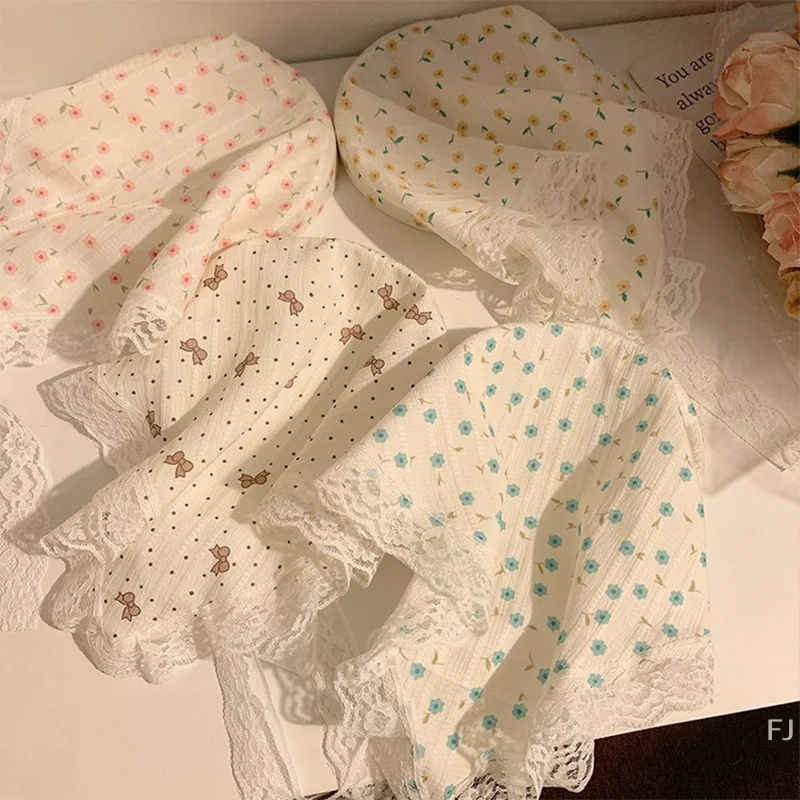

[YU]Sweet Floral Cotton Head Scarf Soft Wrap Elegant Lace Triangle Scarf Turban Headwarps Printing Hair Scarf Women Girls