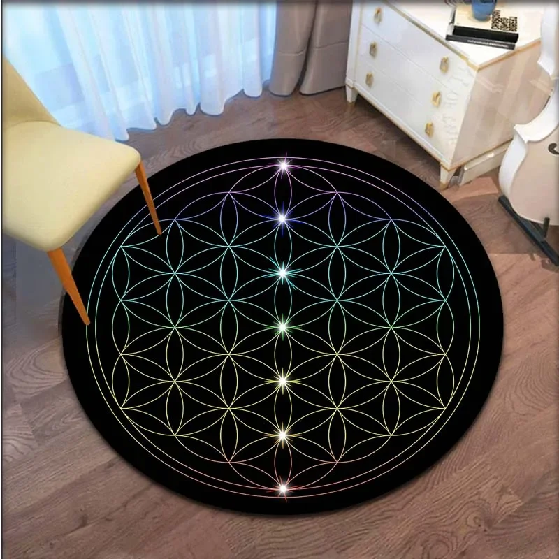 Sacred Geometry Flower Print Round Carpet Washable Living Room Floor Mat Anti Slip Chair Mat Bedroom Rug Home Decor Salon Rugs