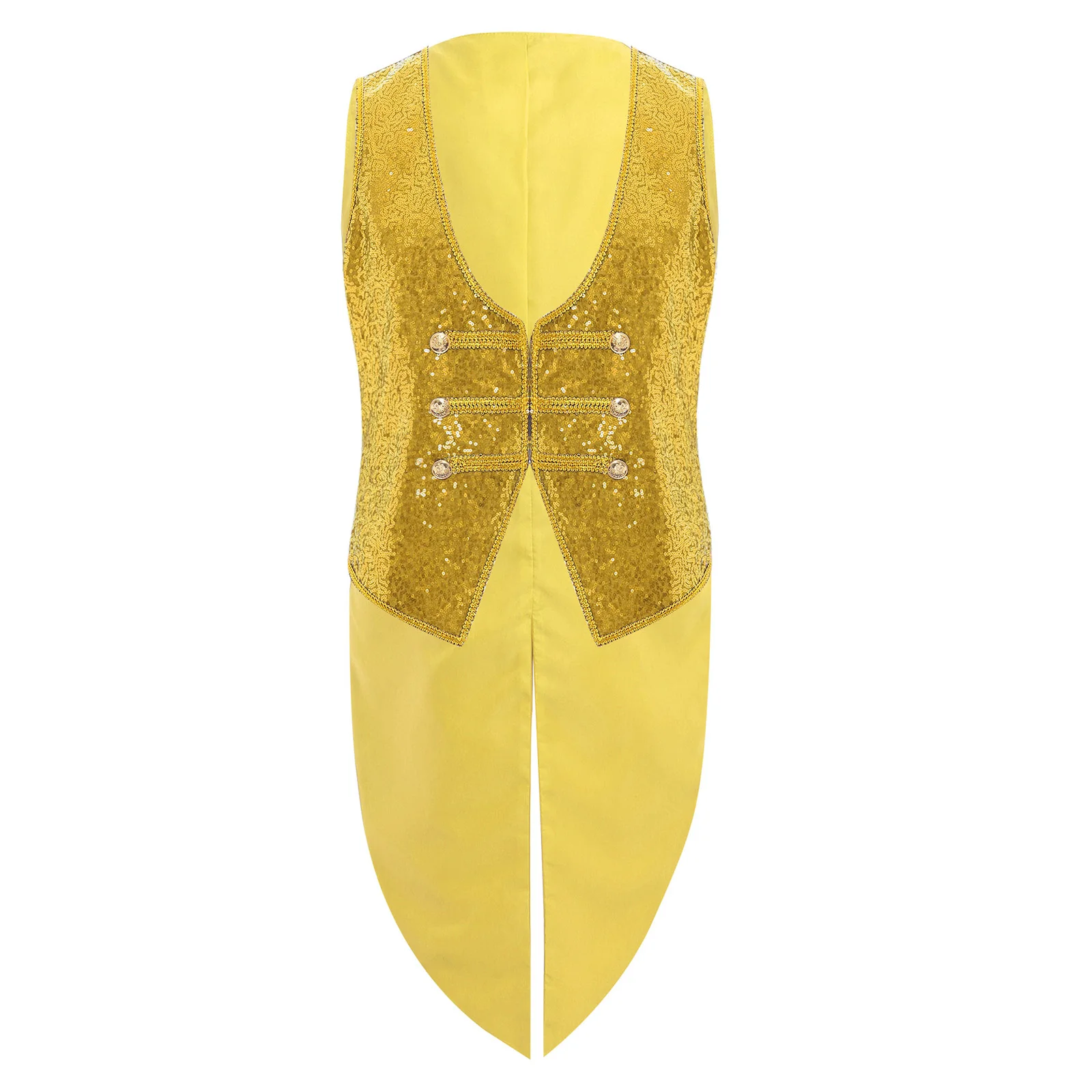 남자 반짝 이는 스팽글 Ringmaster Tailcoat 조끼 양복 조끼 할로윈 테마 파티 롤 플레잉 의상을위한 골드 트림 민소매 자켓