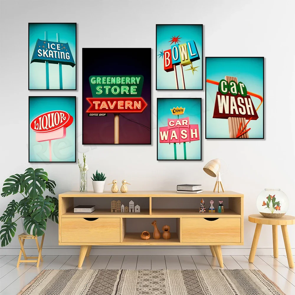 Panneaux de signalisation vintage American Road Trip, bar, lave-auto, station-service, bowling, patinage, affiche de la série American Road, affiche de voyage