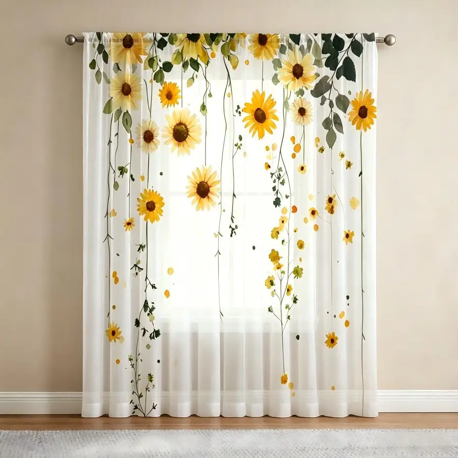 2PCS Digital Print Sheer Curtain, Gray Leaf Sunflower Summer Floral Botanical Window Drapes for Living Room Bedroom Home Decor