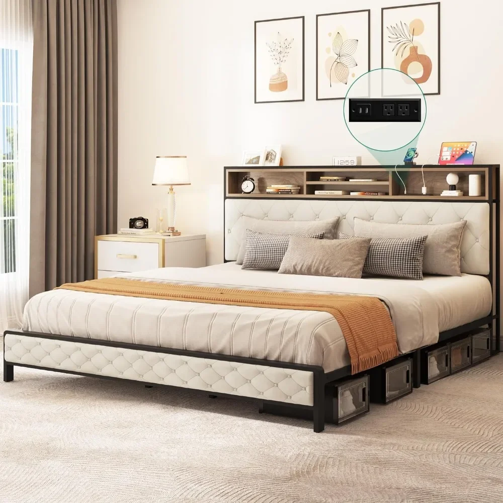 

Bed Frame with Charging Station, Padded Storage Headboard and Footrest Metal Slats, No Need for A Spring Box, Bed Frame