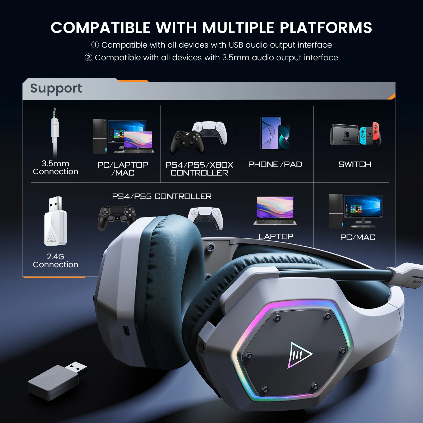 Imagem -05 - Fone Gamer Headconjunto Gamer Headsets sem Fio Eksa-rgb Gaming Headset com Enc Mic E1000wt Modo em Som Surround 7.1 35 mm 24g Latência Ultra-baixa Gamer