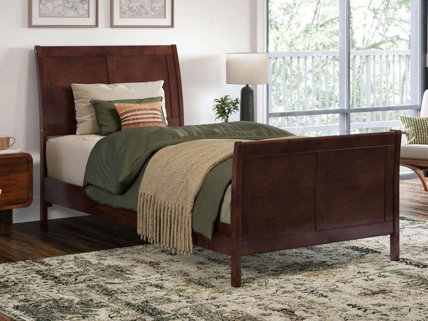 

, Valencia Twin Xl Solid Wood Low Profile Sleigh Platform Bed With Matching Footboard, Walnut