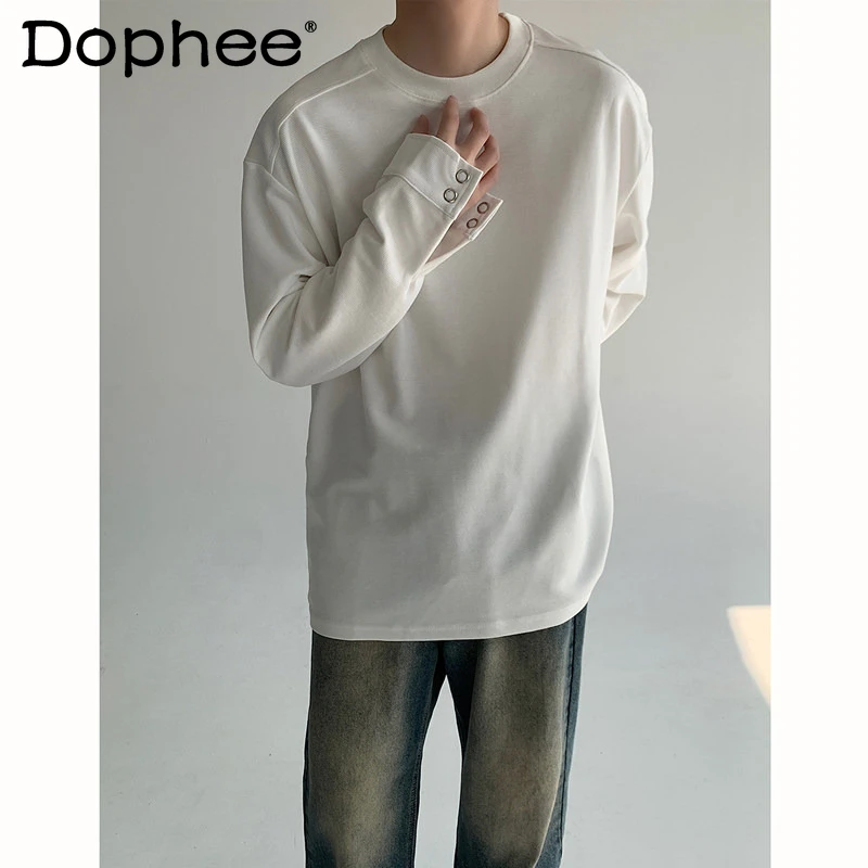 

Модные мужские футболки с круглым вырезом, весна-осень 2025, новые однотонные футболки с длинным рукавом, базовые рубашки, простые и удобные топы для мужчин