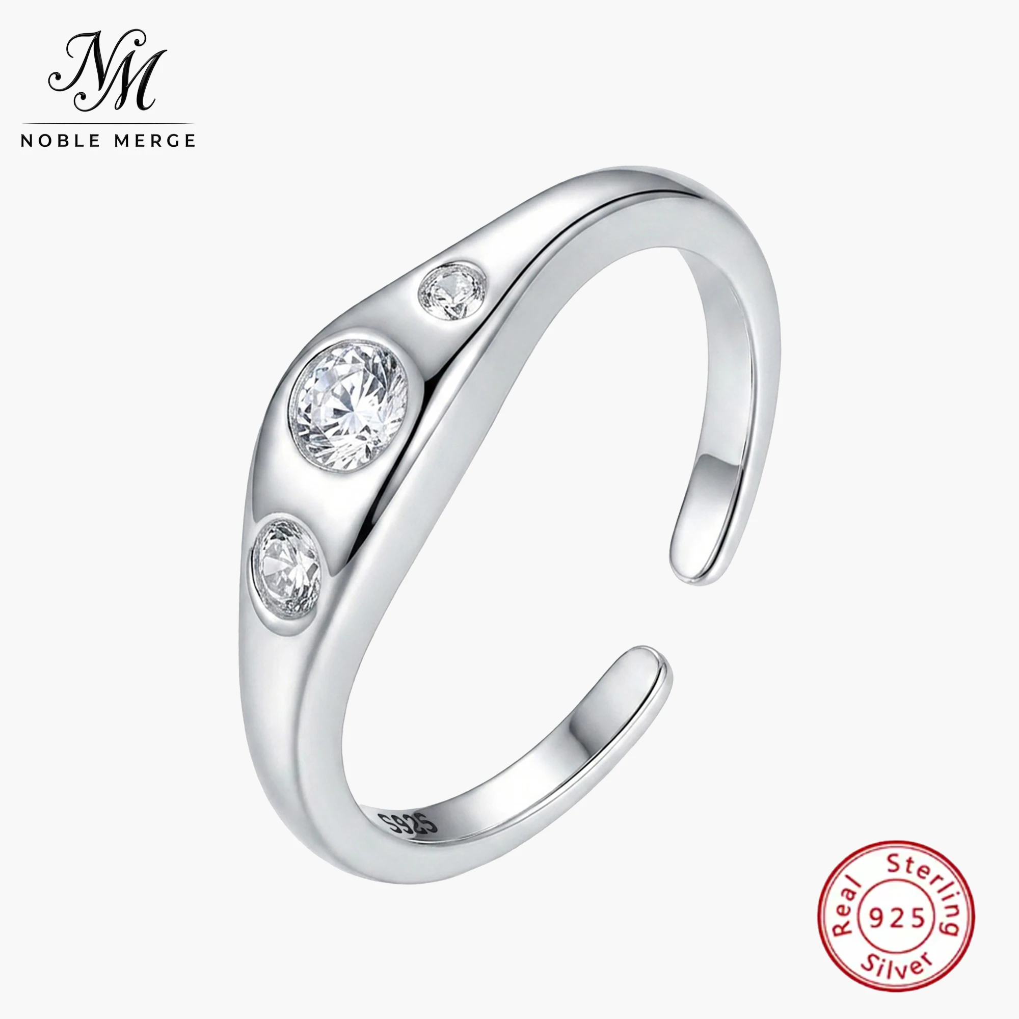 NobleMerge Moissanite Three Stone Graduated Bezel Set Round Open Ring 925 Silver White Gold Plated Polished Band Women Gift