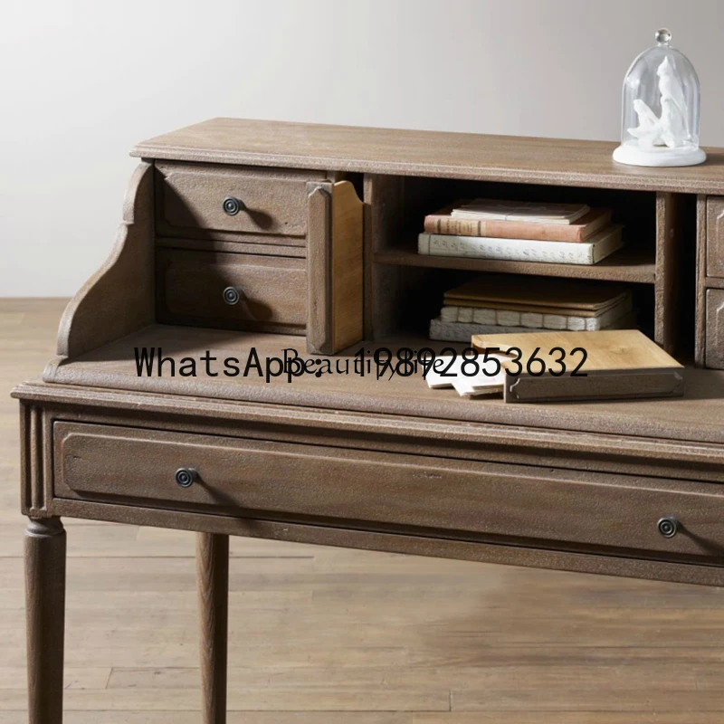 Mini escritorio Country totalmente de madera maciza para dormitorio con cajón, caja de almacenamiento, escritorio