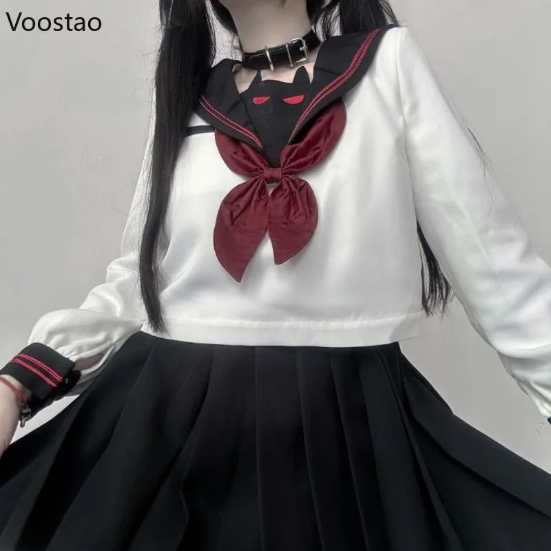 Japanese Kawaii School Girl Uniform Korean Style Sweet Cute Cosplay Little Devil JK Uniform Set Women Gothic Black Pleated Skirt