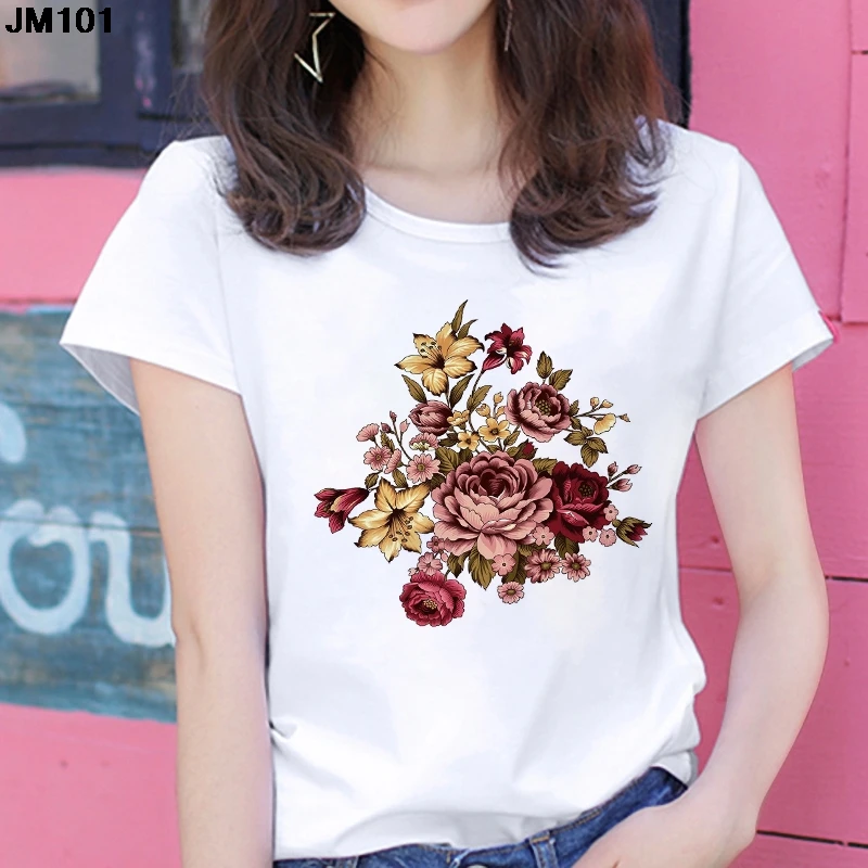 Harajuku Women's T-shirt Short Sleeve Fashion Streetwear Flowers Printed Female Clothing Tshirt Casual White Top Woman's T Shirt