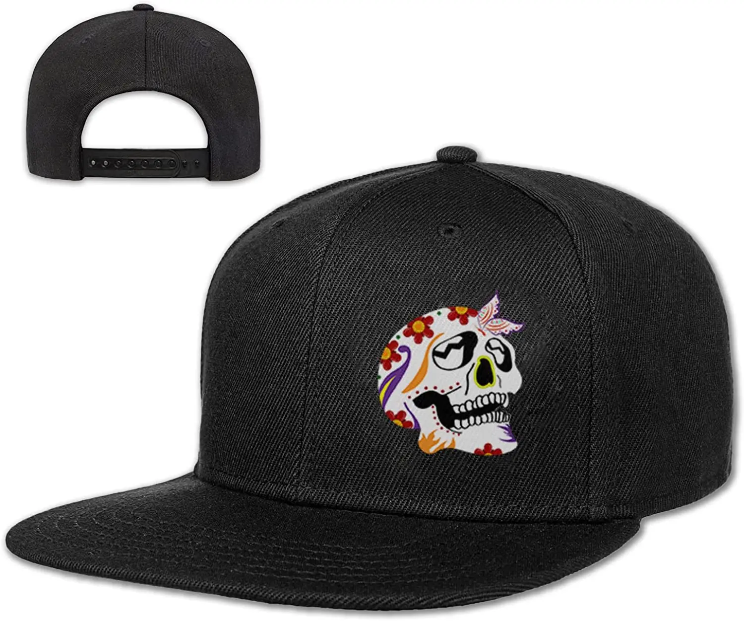 Mexican Skull Snapback Hats for Men Flat Bill Black Adjustable Baseball Cap Trucker Hat for Dad American Flag Pirate Skull Caps