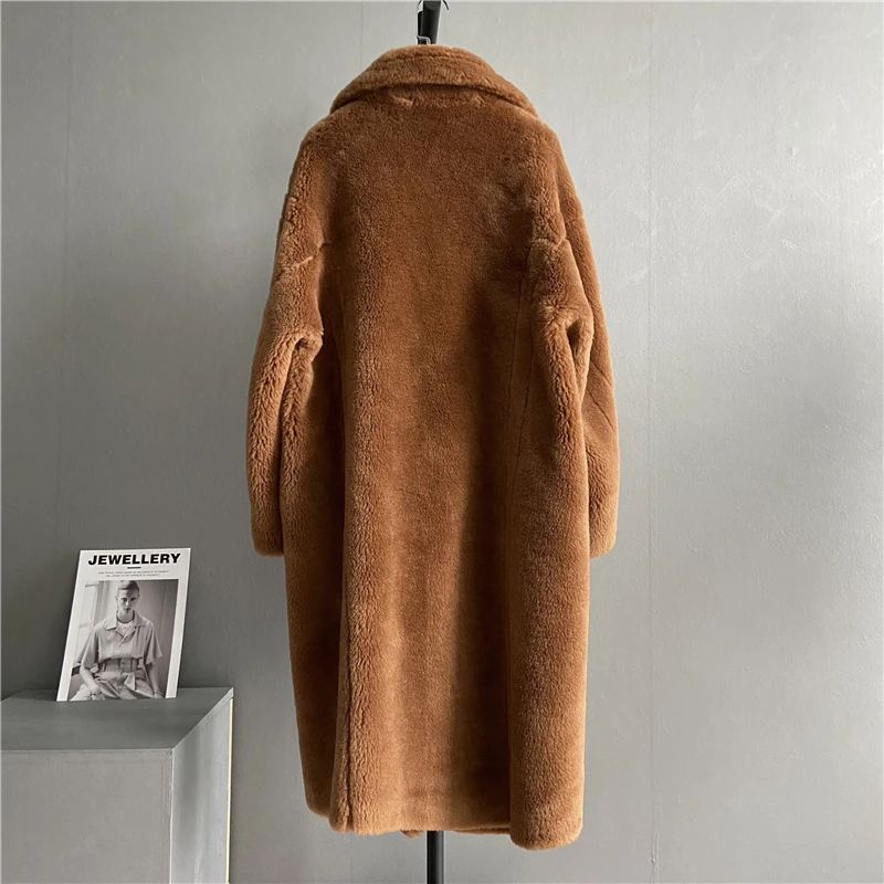 2022 Women Long Cashmere Coat Wool Woven Fabric Thick Warm Outerwear Oversize Fashion Streetwear Teddy Bear Winter Jacket