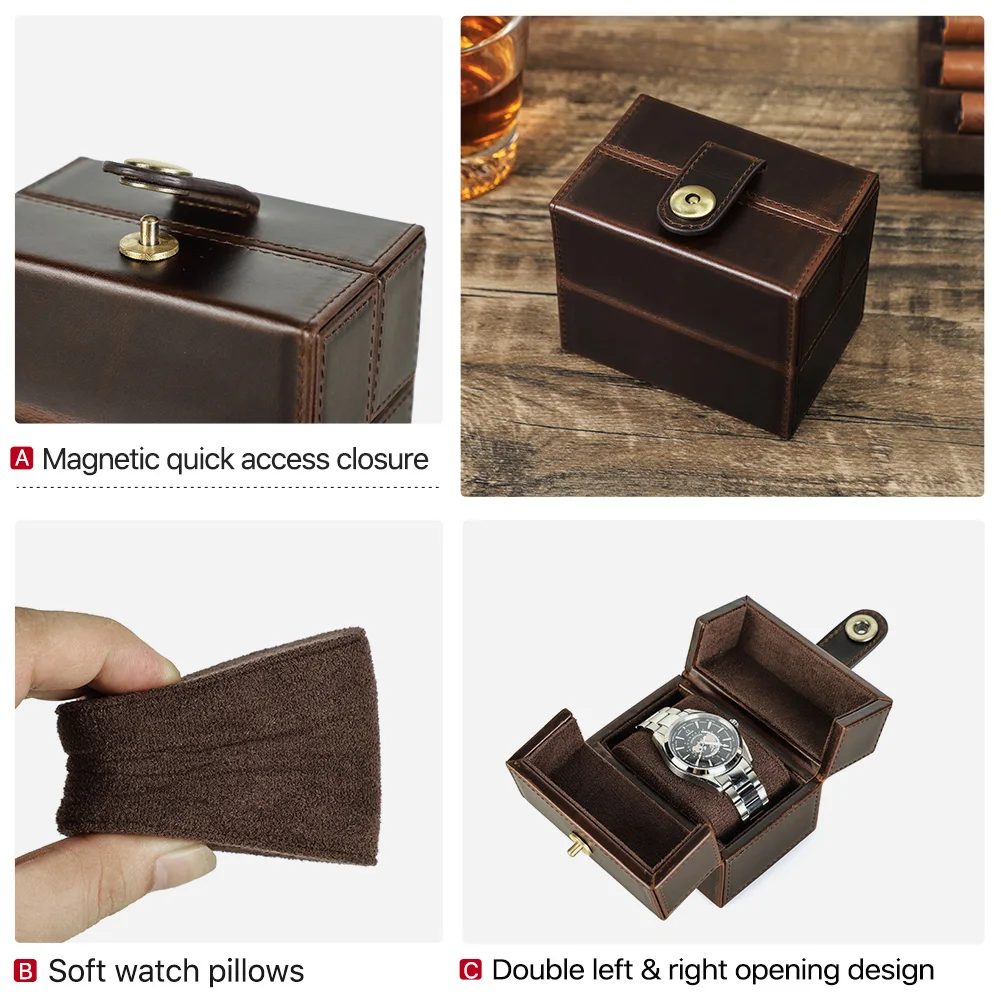 CONTACT\'S FAMILY Retro Cowhide Leather Luxury Single Slot Storage Case HandmadeTravel Portablel Watch Holder with Pillow